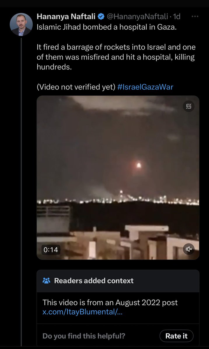 Jackson Hinkle 🇺🇸 (@jacksonhinklle) on Twitter photo 🇮🇱 Israel’s Digital Spokesperson <a href="/HananyaNaftali/">Hananya Naftali</a>, who yesterday admitted in a since-DELETED post that Israel bombed the hospital, is now sharing videos from 2022 claiming that it is VIDEO PROOF Hamas bombed their own hospital yesterday!
Thank God our enemies are this stupid! 🇮🇱 Israel’s Digital Spokesperson <a href="/HananyaNaftali/">Hananya Naftali</a>, who yesterday admitted in a since-DELETED post that Israel bombed the hospital, is now sharing videos from 2022 claiming that it is VIDEO PROOF Hamas bombed their own hospital yesterday!
Thank God our enemies are this stupid!
