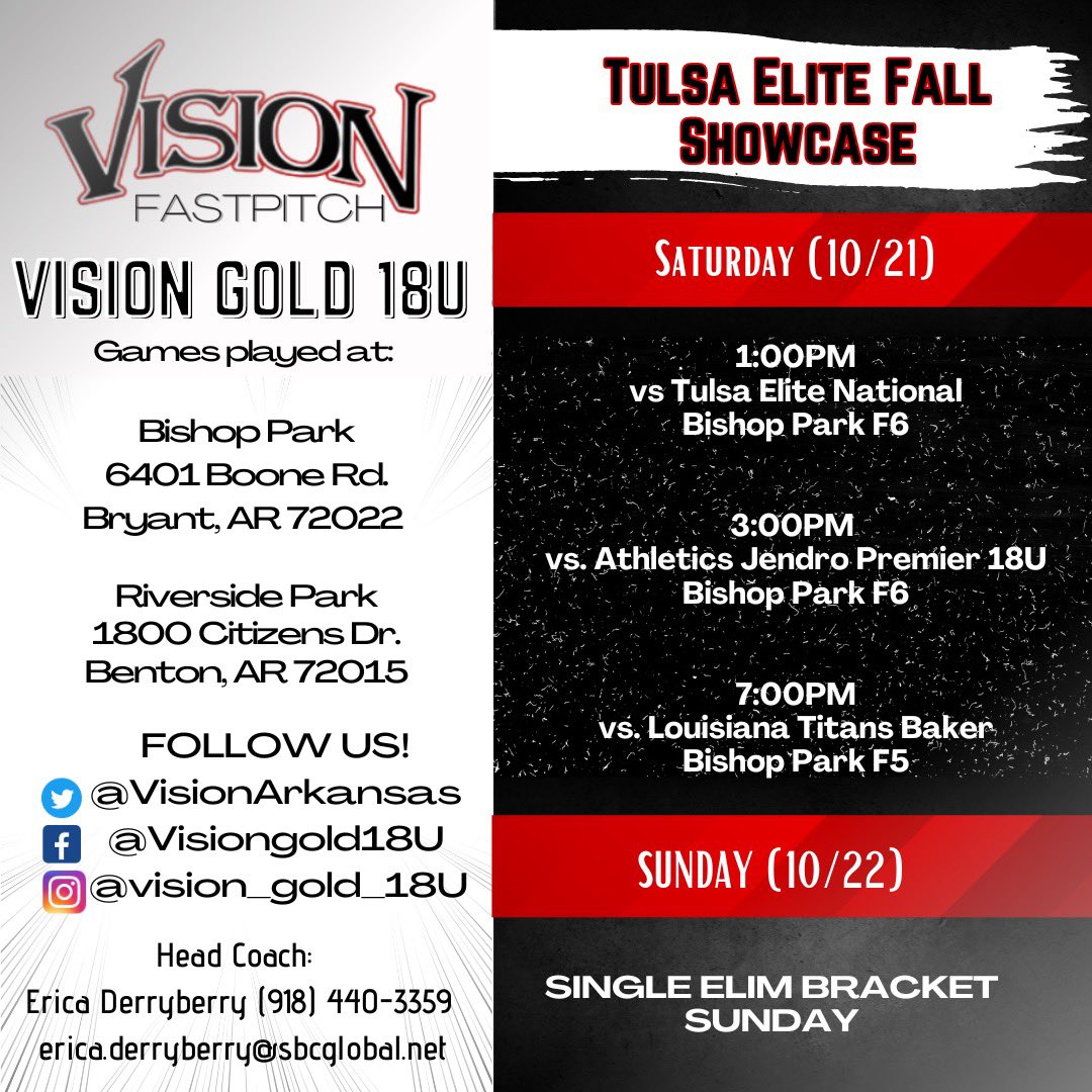 VisionArkansas's tweet photo. Can’t wait to take the field again this weekend at the Tulsa Elite Fall Invite! @FastpitchVision @TulsaElite https://t.co/5G9ry4bRGA