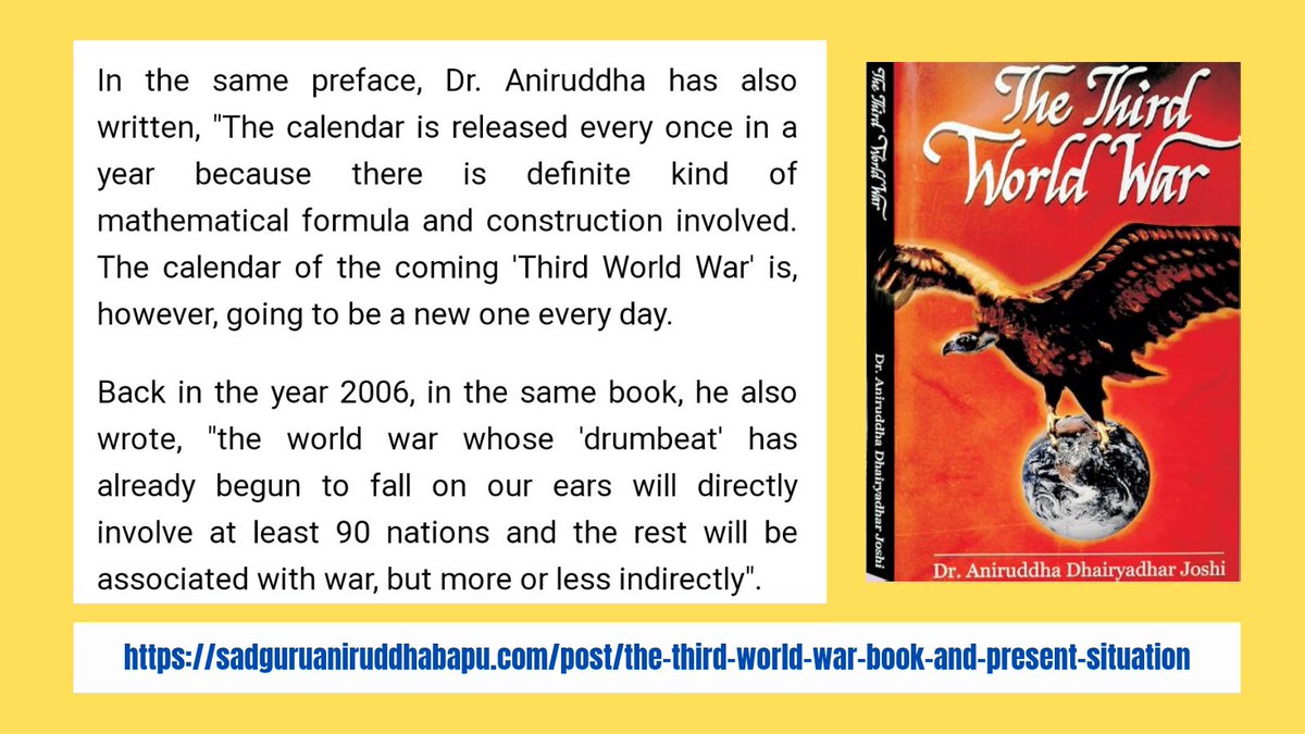 SiddhantJaywant's tweet photo. In today's shifting geopolitics,superpowers shifting blame,allies meeting &amp; their leaders ever changing statements reminds of the statement by #DrAniruddhaJoshi in his book #TheThirdWorldWar
"The calendar of the coming '#ThirdWorldWar' is however,going to be a new one every day." https://t.co/PB1wr2Pnb9