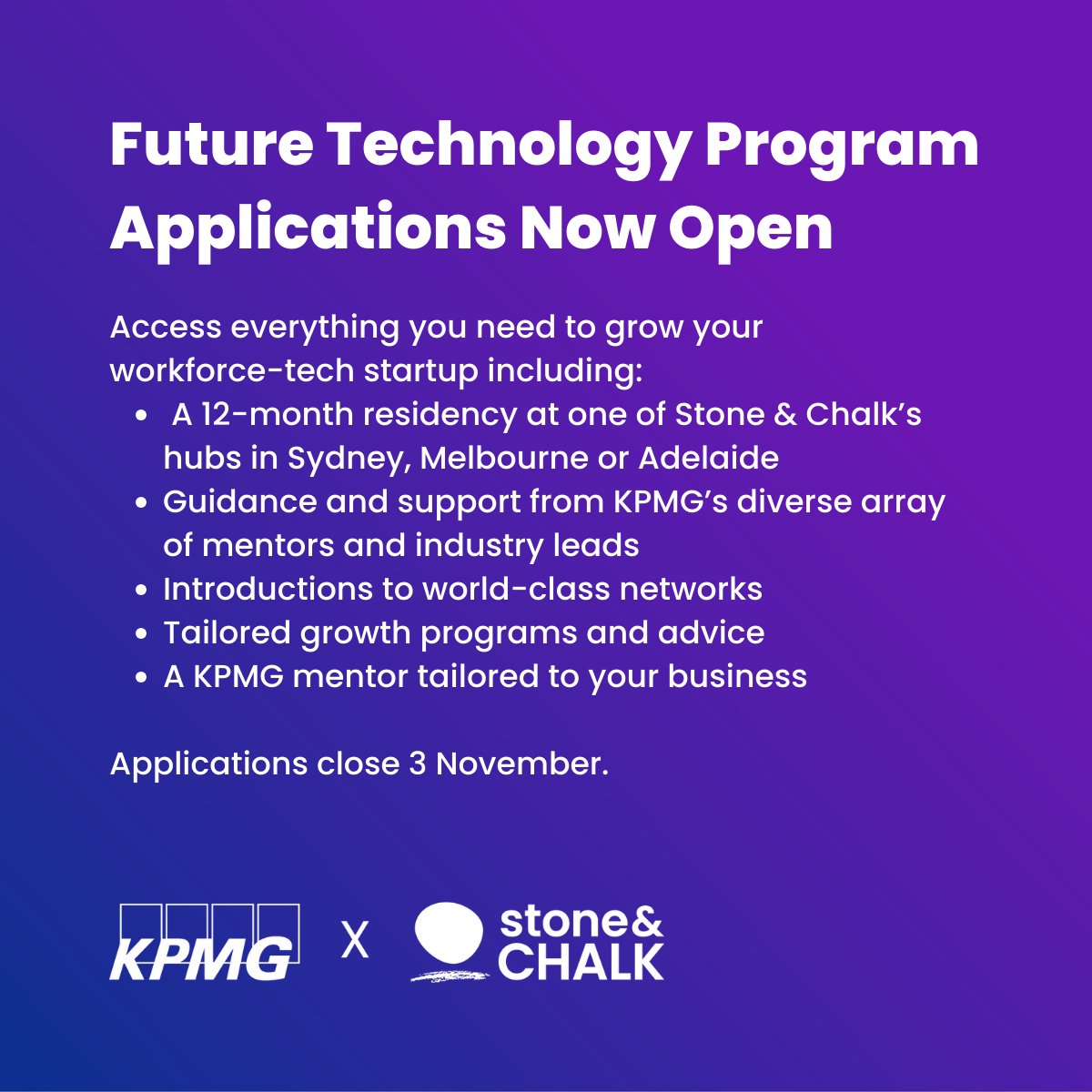 It takes the right support, connections, and advice to grow a startup, which is exactly what the @KPMGAustralia x Stone & Chalk Future Technology Program is offering to workforce-tech startups. Applications close 3 November. Visit our website for more: hubs.ly/Q0261V7V0