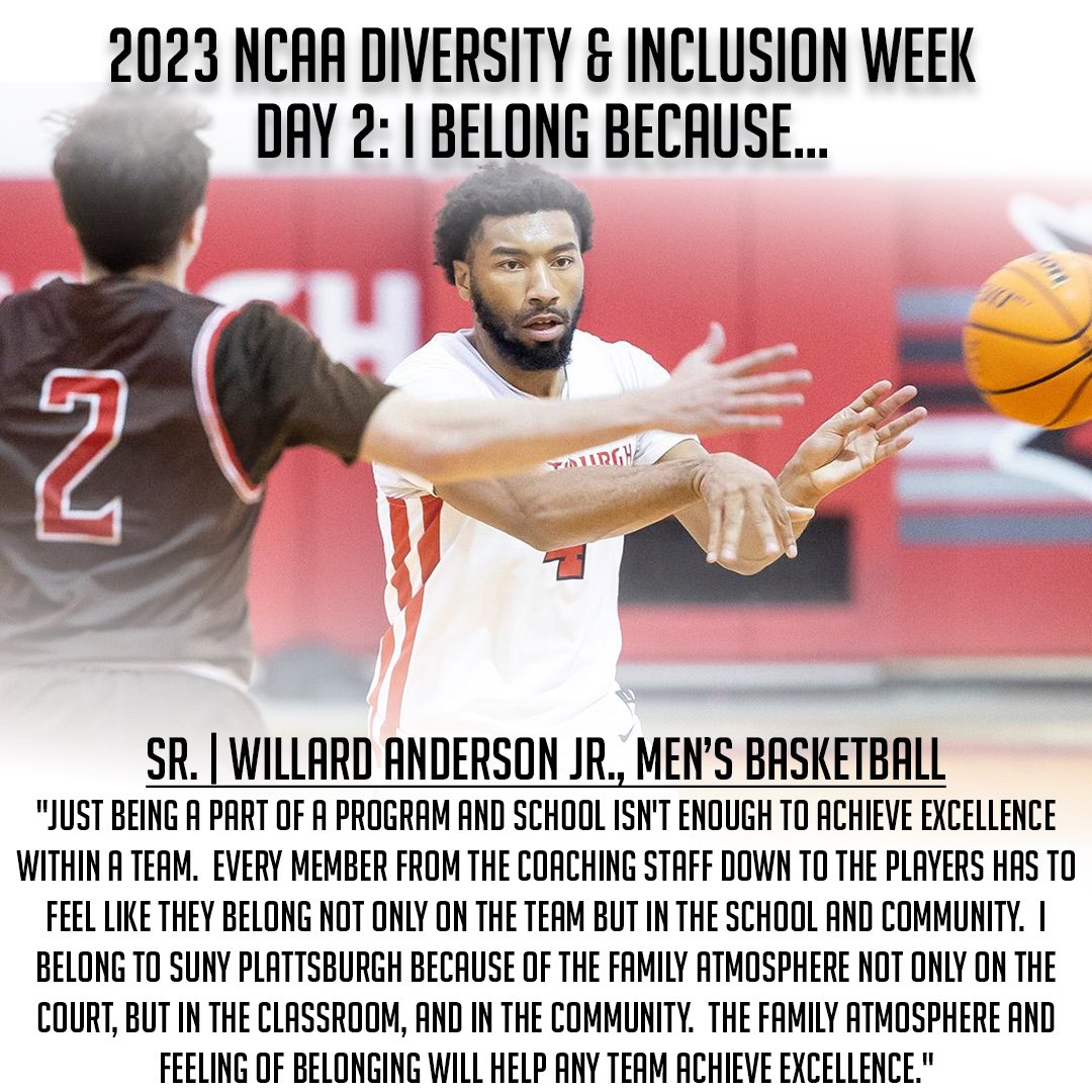 PlattsburghMBB's tweet photo. Once again taking part in the @ncaa Diversity &amp; Inclusion Social Media Campaign. Today’s theme is I Belong Because. Take a look at Willard Anderson’s thoughts on belonging. 
#NCAAInclusion
#Integrity #Intensity #Intelligence
#CardinalCountry https://t.co/Sv8K6N8uv8