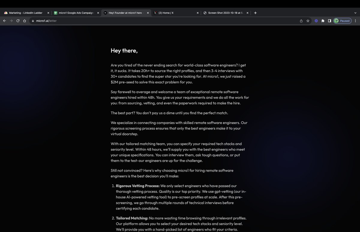 we made a 'letter' landing page that is just text &amp; it increased our conversions by 2x. sometimes, you have to just try weird, new things. 

this is now our best performing landing page 🤣
