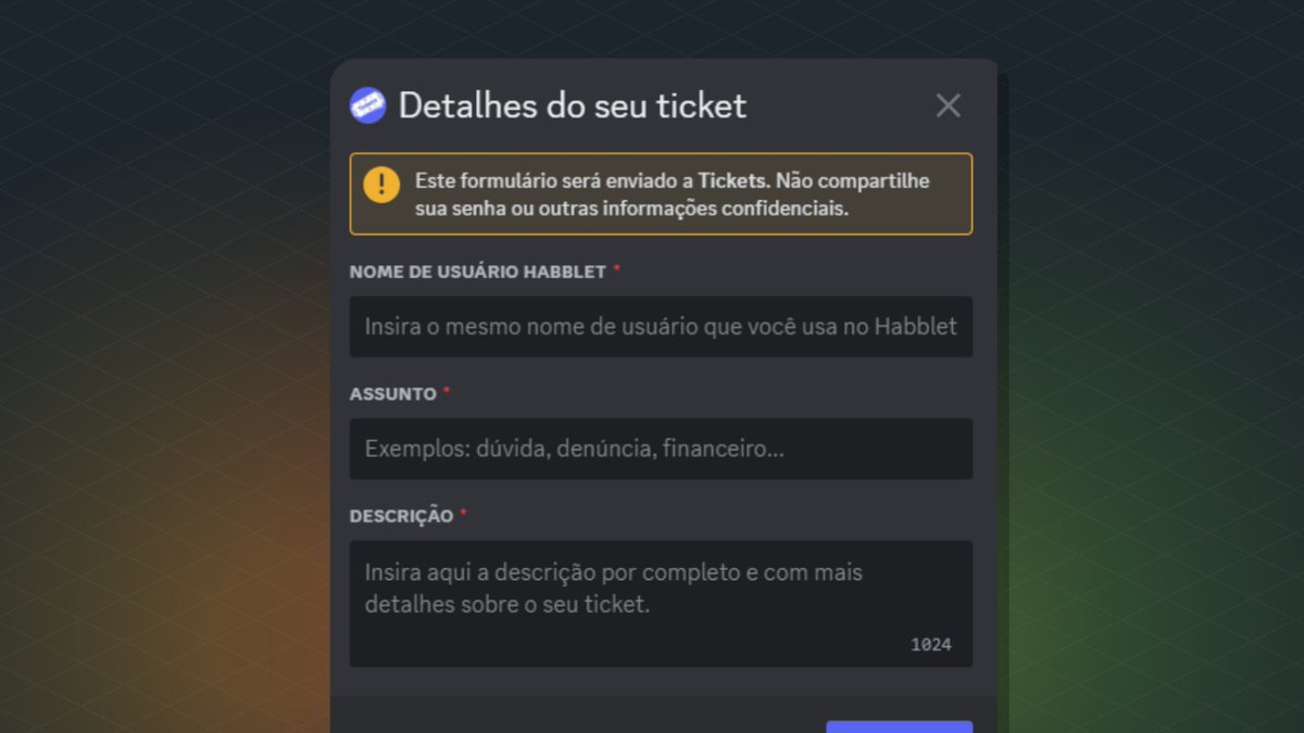 ModHabblet's tweet image. Na nova atualização, ao abrir um ticket, é necessário fornecer seu nome de usuário, assunto e uma descrição do problema.

Essa melhoria tornou o processo de atendimento mais eficiente para ambas as partes! Além disso, agora você pode acompanhar a abertura e leitura do seu ticket.