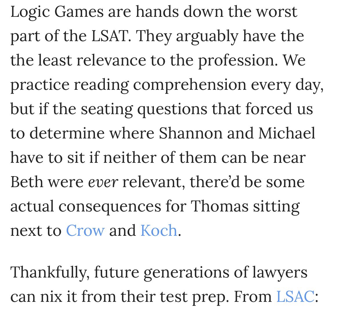 RichardHanania's tweet photo. No more logic games on the LSAT starting next year.

Legal blogger is really, really, excited about the change. 

It seems very personal for this guy. https://t.co/V48DhXinXv