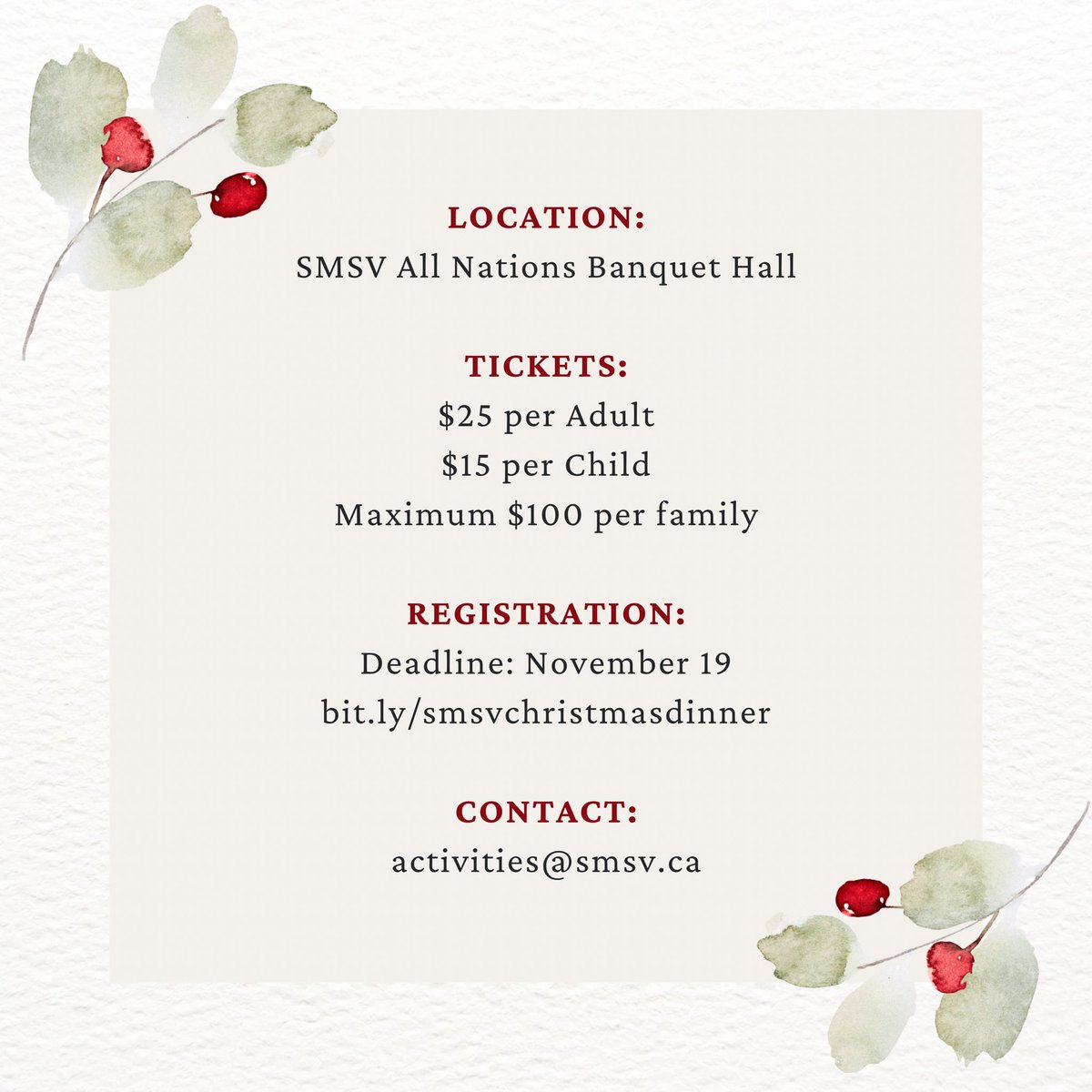 SMSV's 16th Annual Christmas &amp; Anniversary Dinner is happening on Sunday, December 10th from 5-9pm! Swipe for more info. Get your tickets at the link in our bio!