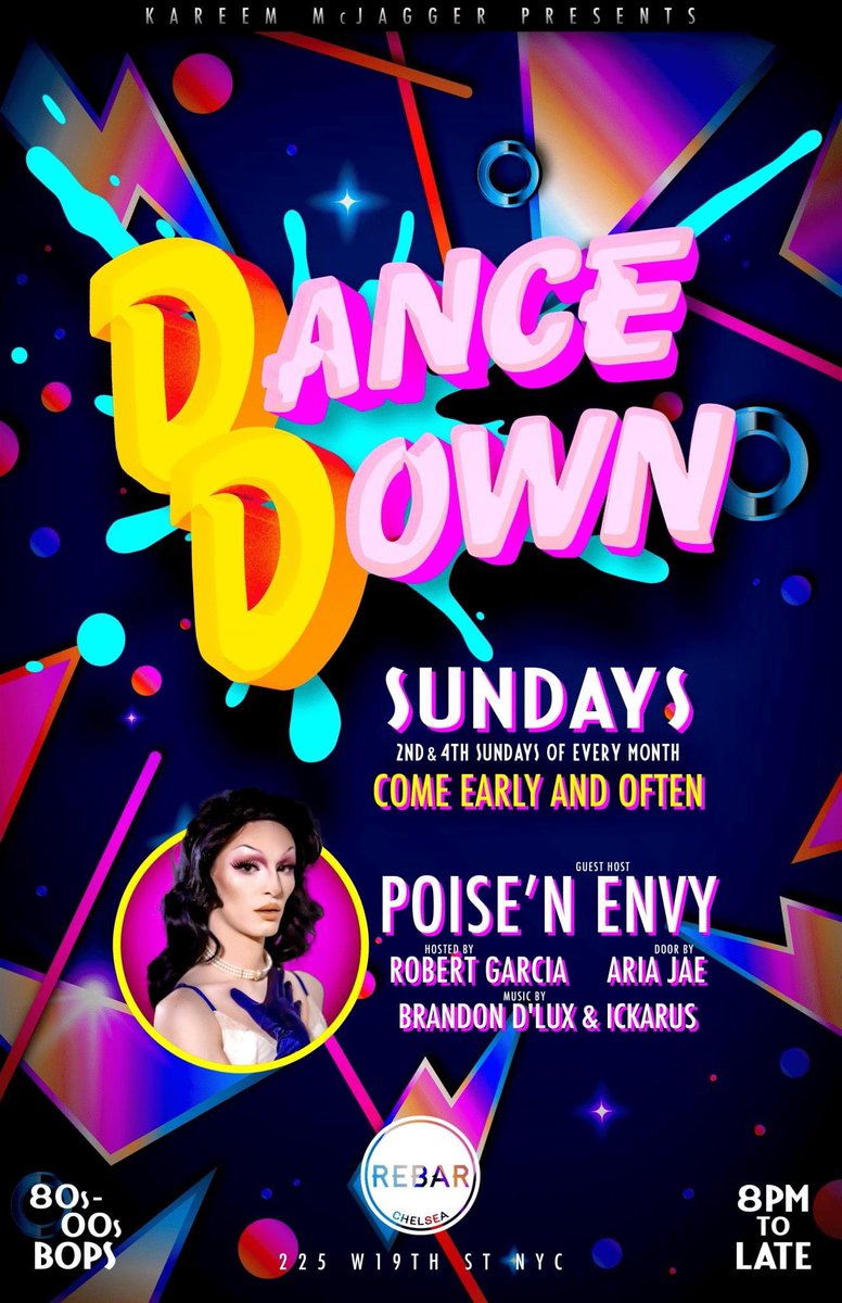 Who am I going to see out Sunday night for <a href="/KareemMcJagger/">Fave🍦/Colonizer: Napoleon</a> presents Dance Down at @REBARChelsea ??? I’ll be guest hosting for my fiancé <a href="/BobbyLaSalle/">Weyland-Yutani Human Resources</a> ‘s birthday from 8 to late! With Hans Berlin dancing and keeping the party going all night.