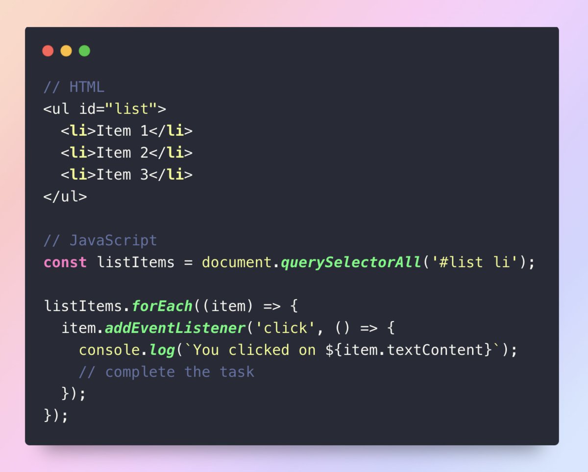 wydmanski_'s tweet photo. If you're new to JavaScript, you're probably making this mistake.

If you make it during an interview, you're done.

Event Delegation

Let's say we're writing a to-do app, where you can complete an item by clicking on it:

Seems logical to attach an event listener to every single `<li>` item, right?

Well, no.

Doing that has a lot of downsides:

1. Memory-heavy

More listeners, more space used.

2. Slows down the page

It takes longer for the webpage to load if you have many listeners to set up.

3. Difficult to maintain

Repeating the same logic increases the chance of inconsistencies .

What should you do then?

Enter event delegation:

Place a single event listener on the parent element and identify the clicked child element.

Regardless of how many items you add to the to-do list, just one event listener placed on the parent element is enough.

It's more efficient, easier to maintain and cleaner.

"But in React we would attach one event listener per to-do item, right?"

Yes, it looks like we're attaching a separate click listener to each `<li>`, but React actually uses event delegation internally. 

It has one root-level event listener and figures out which component should handle the event.

⚡️⚡️⚡️

Event delegation is one of the key JavaScript concepts that often asked during a job interviews.

You need to know it by heart.