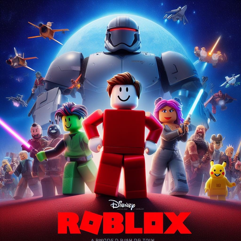 Movie poster featuring pixar characters in roblox style