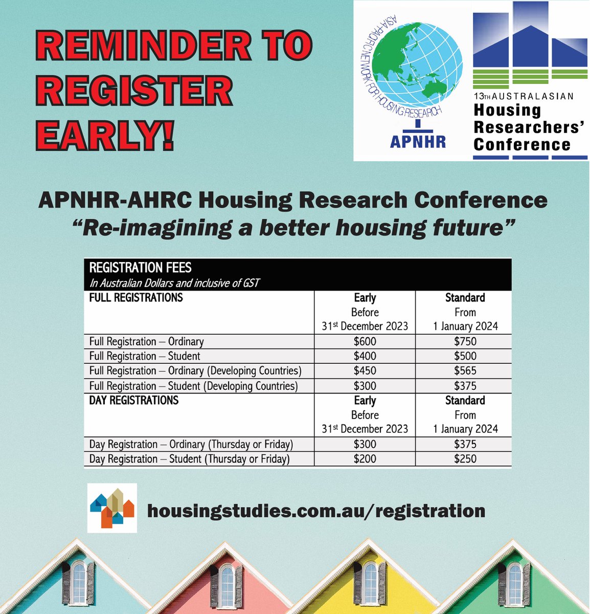 📢 REMINDER – Register Early – #Housing #Conference

Joint AHRC-APNHR Conference – Adelaide, 21-23 Feb 2024
'Re-imagining a better housing future'

Discounts available!

Details > bit.ly/ahsa-registrat…

#aushousingstudies #aushousingconference #housingresearch #auspol #research