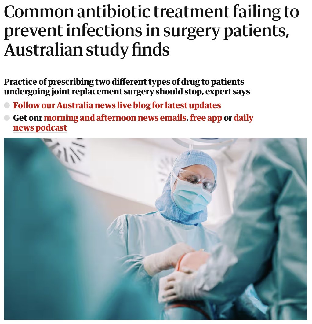 Read about the ASAP Trial Results in the @GuardianAus - 'Prescribing more antibiotics to patients undergoing joint replacement surgery does not prevent infections despite being a common practice...' ➡️ shorturl.at/fLS04