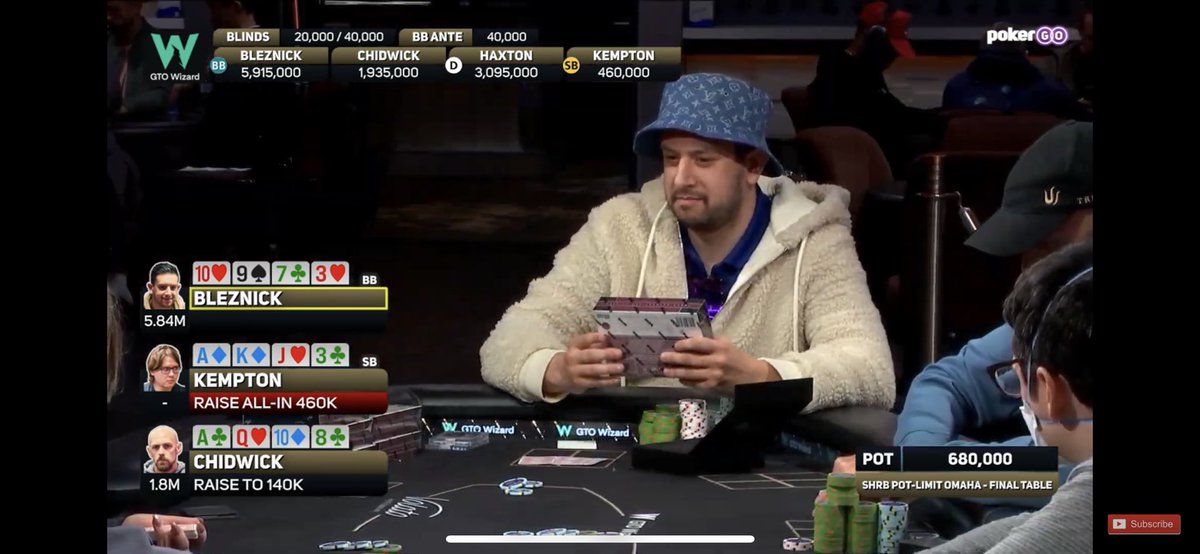 dankness3's tweet photo. LMAO Bleznick just used a time extension to break open a box of cards after Kempton shoved all in for his last 11 big blinds 😂☠️ https://t.co/Z9lSpY0erR