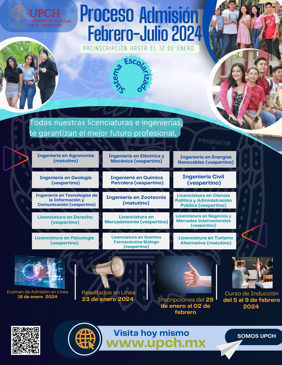 Les invitamos a checar nuestras convocatorias de sistema #escolarizado y #semiescolarizado 2023-2024, escanea el QR para mayor información o visita upch.mx