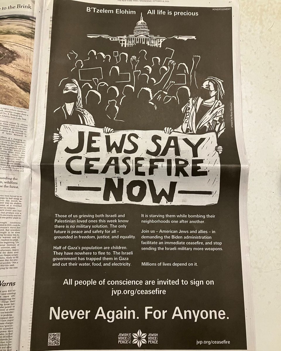 Jews Say Ceasefire Now - one page ad in the NYT
