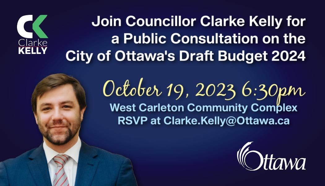 Reminder: You're invited to a public consultation on the 2024 City of Ottawa Draft Budget this Thursday (Oct 19) from 6:30-8:30 pm at the West Carleton Community Complex (5670 Carp Road). More details here: clarkekelly.ca/post/councillo…