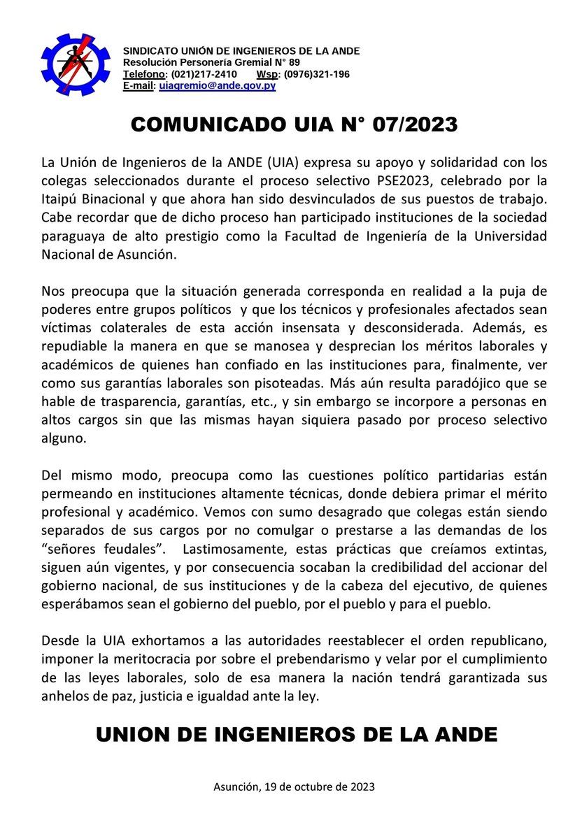 Comunicado UIA 07/2023 con relación a los últimos sucesos de público conocimiento y que afecta a profesionales ingenieros y profesionales de las diversas ramas