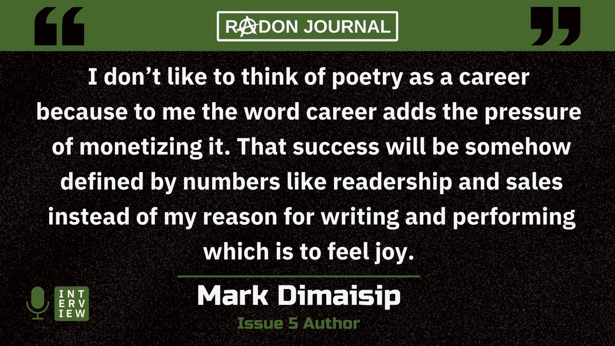 Our best fascinating interview yet from <a href="/dimaisipnasagot/">Mark Dimaisip 🇵🇭</a>, issue 5 poet.

Read: radonjournal.com/interviews

Mark explores the spoken word #poetry scene in the Philippines, life as a poetry organizer, submitting to international markets, his in-depth writing process,  and so much more