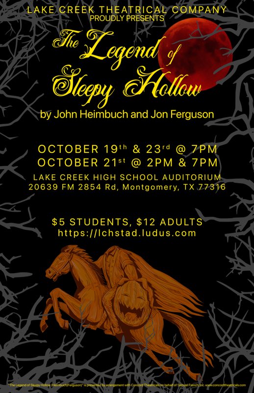 Come visit Sleepy Hollow for a spooky good time! We open this Thursday night @ 7PM in the <a href="/LakeCreekHS/">Lake Creek High School</a> auditorium! You can buy your tickets at the door, or online at lchstad.ludus.com. Hope to see you there! <a href="/lions_trw/">Tim Williams</a> <a href="/KellyLout/">KLout</a> <a href="/LClionsPTO/">Lake Creek high school PTO</a> <a href="/MontgomeryISD/">Montgomery ISD</a>