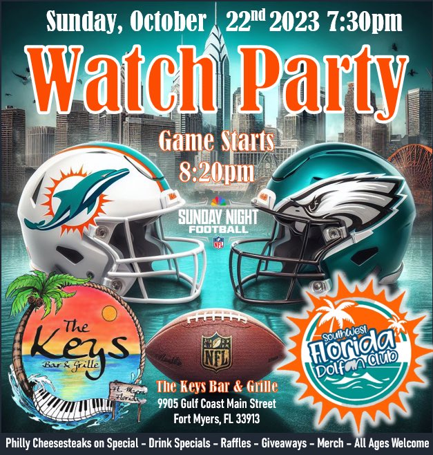 Our 5-1 @miamidolphins take on the 5-1 @Eagles on SNF on October 22 at 8:20pm! Join us for another memorable watch party at @thekeysbarandgrille!! Party starts 7:30pm. All ages are welcome. #finsup Thanks @DavidFischer_71 for letting us use some of your artwork for the flyer!