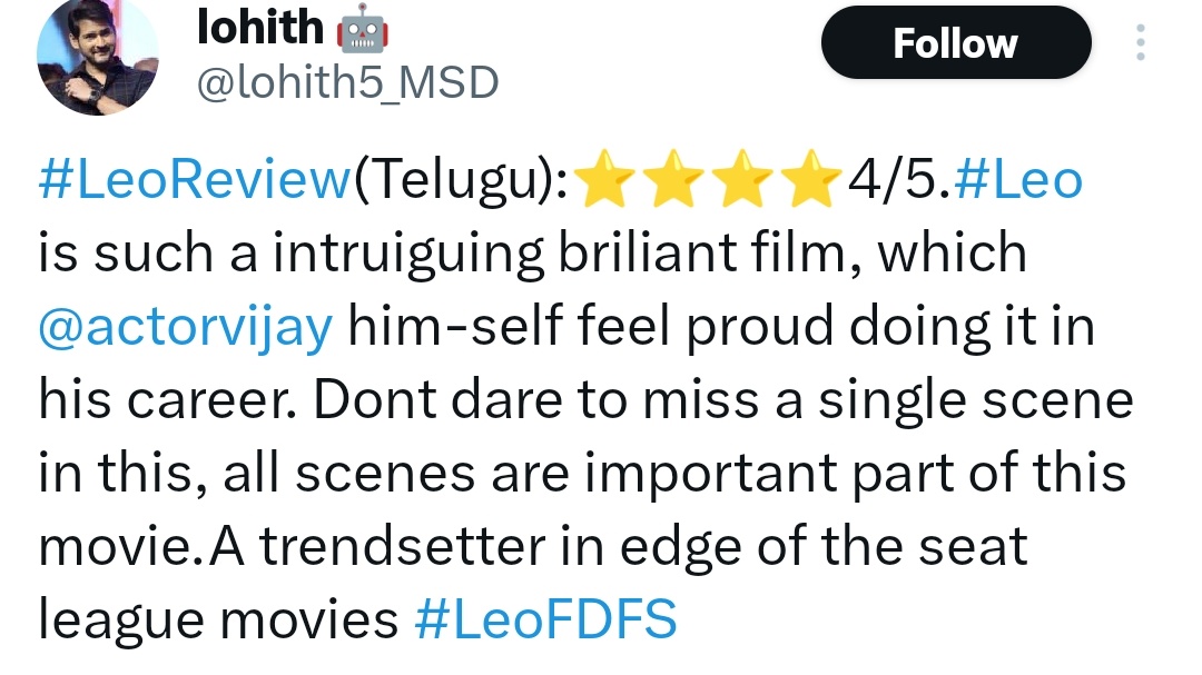 #LEO - Telugu Positive Reviews 🔥🧊

#Leo #LeoReview #LeoMovie #LeoFDFS #LeoFilm #LeoDay #LeoBookingsUpdate #Leo1stHalf 
#LeoHindi #LeoTelugu #ThalapathiVijay #ThalapathyVijay𓃵