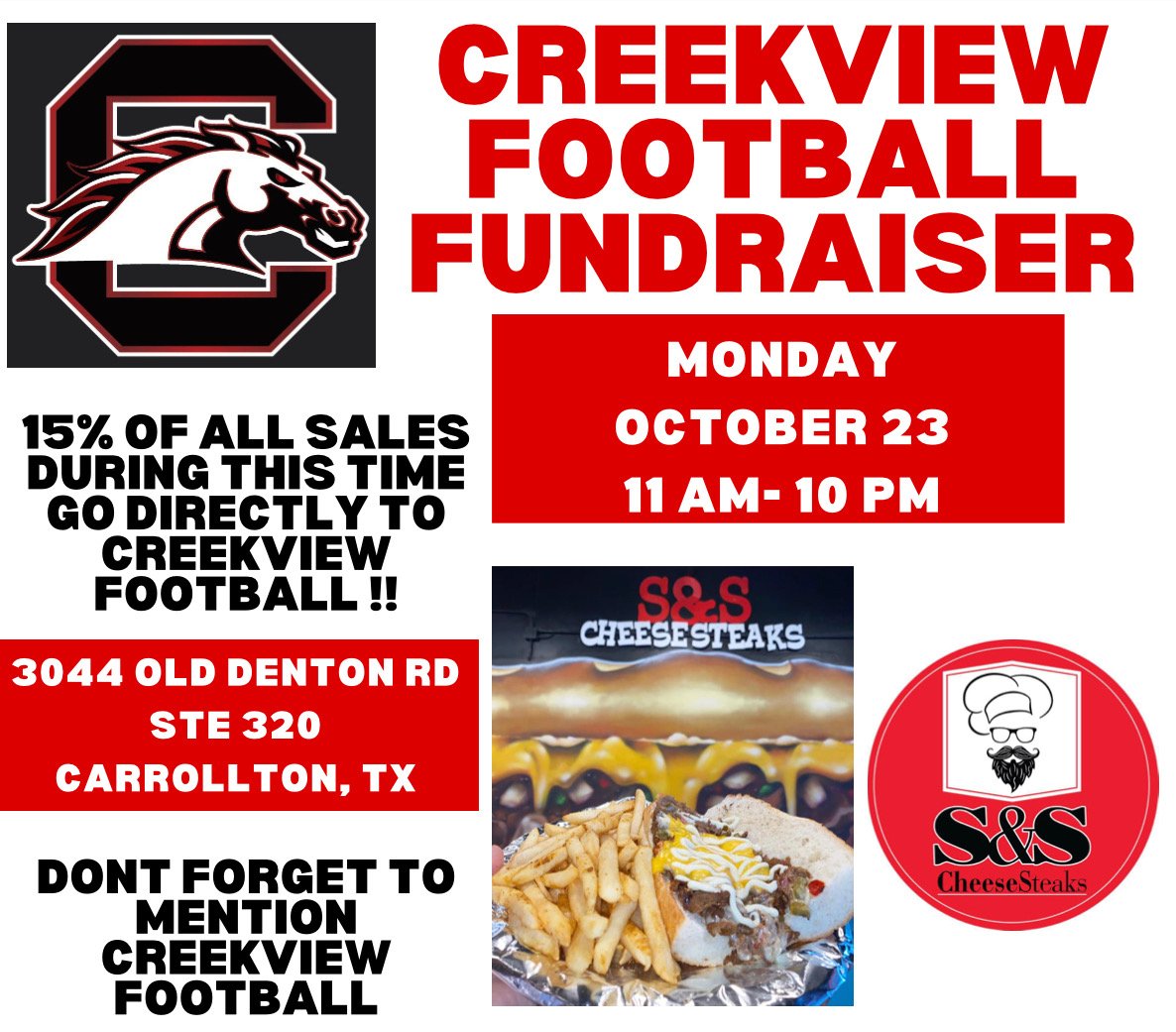 Come grab some good grub while supporting your Mustang Football on 10/23! 🏈