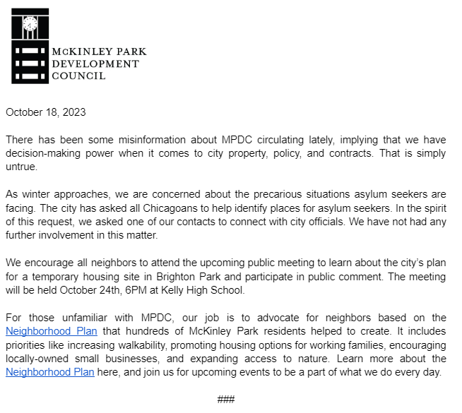 MPDC has not had any external discussions regarding any of the sites listed in this article and MPDC has no decision-making ability with how temporary housing sites or other developments are selected by the city.