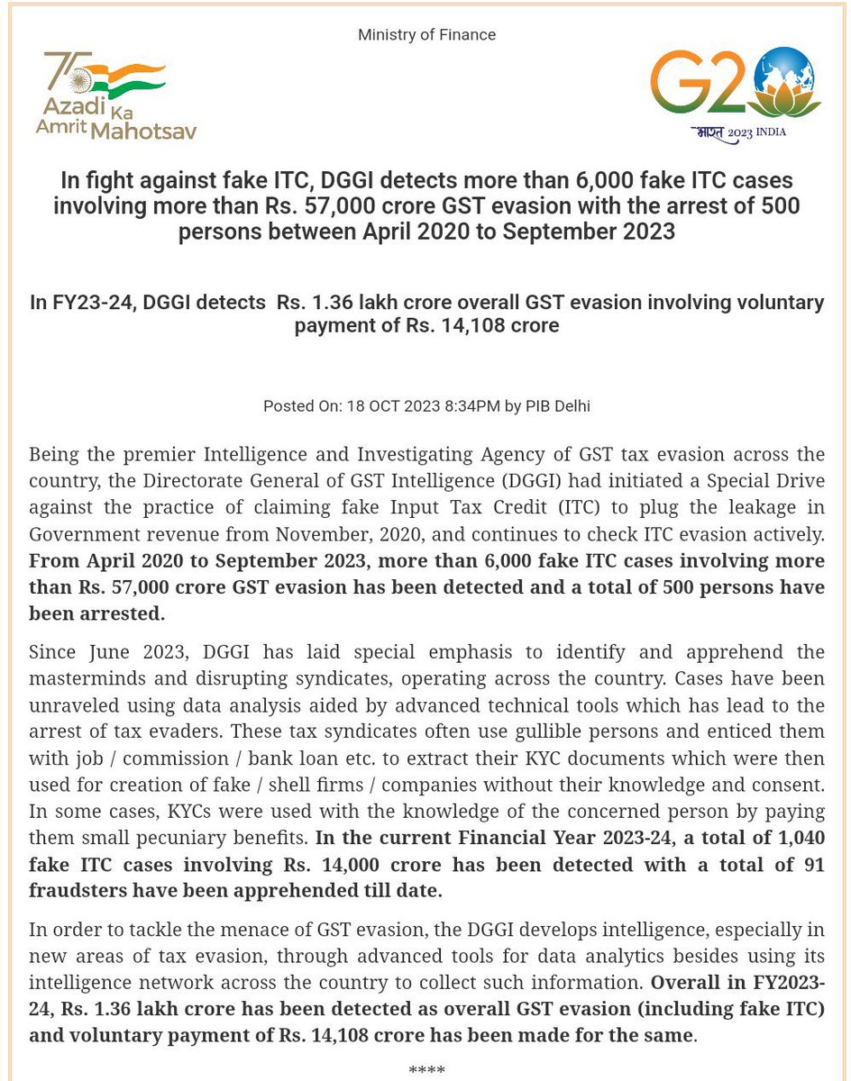 In fight against fake ITC, DGGI detects more than 6,000 fake ITC cases involving more than Rs. 57,000 crore GST evasion with the arrest of 500 persons between April 2020 to September 2023.

Read more 👉 pib.gov.in/PressReleasePa…