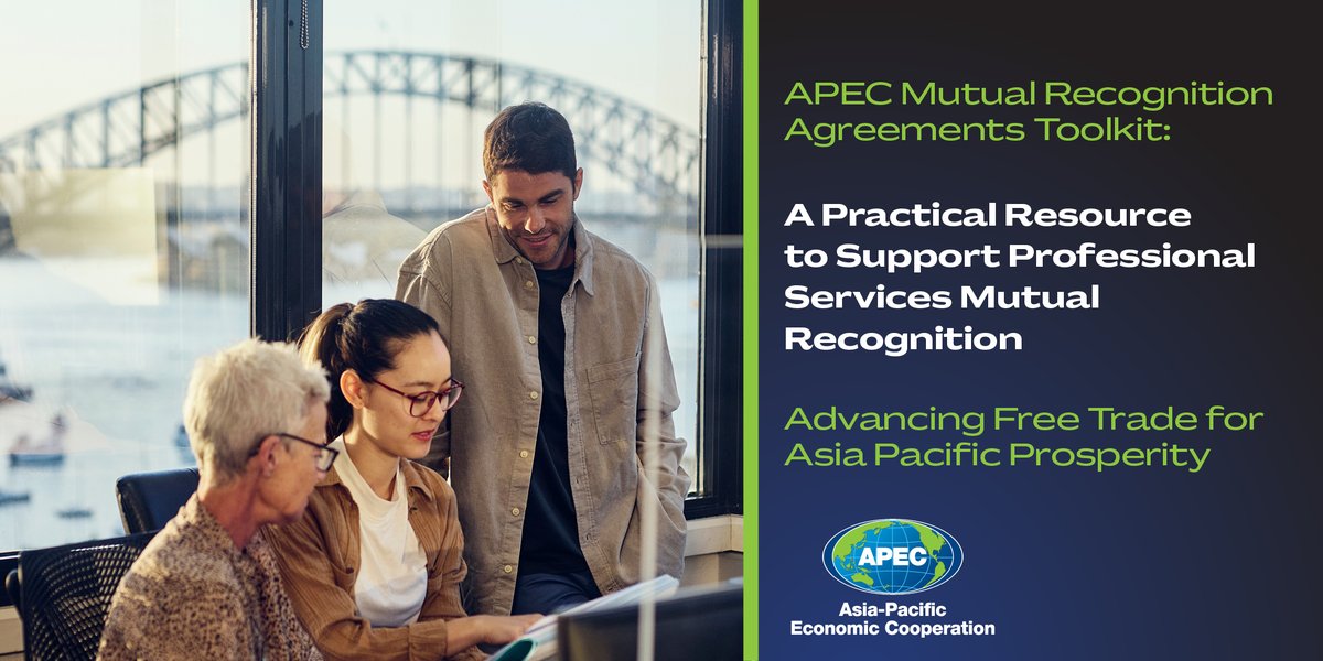 DFAT Trade Talk 🇦🇺 (@dfat_tradetalk) on Twitter photo Are you in professional services sector and looking for practical guidance on Mutual Recognition Agreements?
The <a href="/APEC/">APEC Secretariat</a> MRA Toolkit is now available. ➡️
apec.org/publications/2…
#APEC #APEC_Centre_AU #Austrade #DFAT Are you in professional services sector and looking for practical guidance on Mutual Recognition Agreements?
The <a href="/APEC/">APEC Secretariat</a> MRA Toolkit is now available. ➡️
apec.org/publications/2…
#APEC #APEC_Centre_AU #Austrade #DFAT