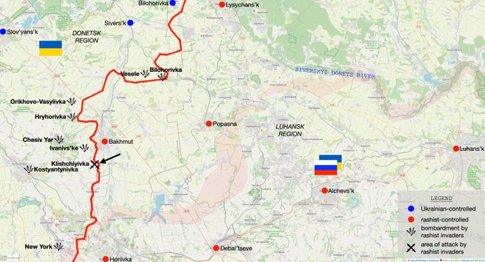PeterClifford1's tweet photo. #Ukraine: 4. On #Bakhmut front RU tried to recover lost positions nr #Klishchiivka but again lost men & equipment, especially tanks. RU airstrikes on #Vesle & #NewYork. N of #Avdiivka reports say RU lost 63 armoured vehicles. https://t.co/C1Yqq9Yrew (Maps: @mhmck & @Alfaiomi) https://t.co/GnaXusCSoy