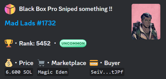 What a steal! 🤯
Black Box Pro just sniped this @MadLadsNFT for 6.6 SOL.
Still not using Black Box Pro? Time to jump in! 🚀