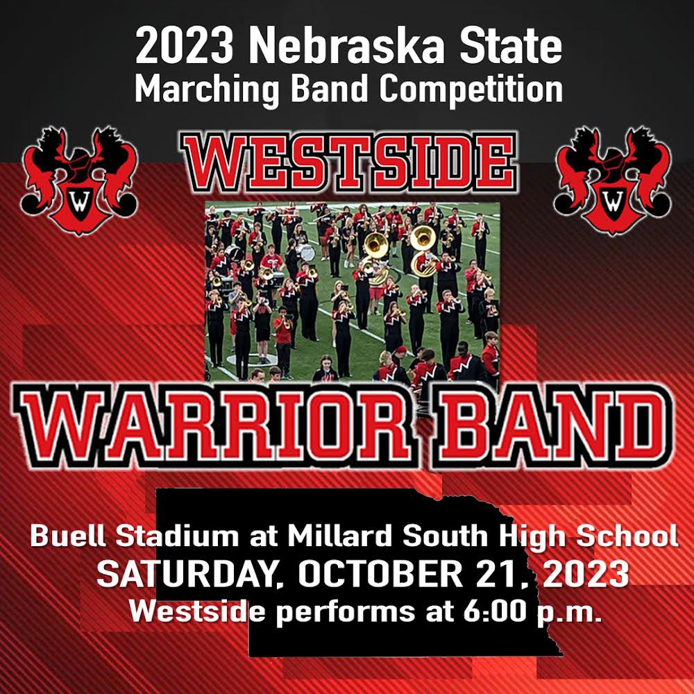 The NSBA State Marching Contest is this Saturday, October 23rd. The contest begins at 2:30 pm and Westside will be performing at 6:00 pm. We would love to see all kinds of family, friends, supporters, and Westside community members out at our final performance!!