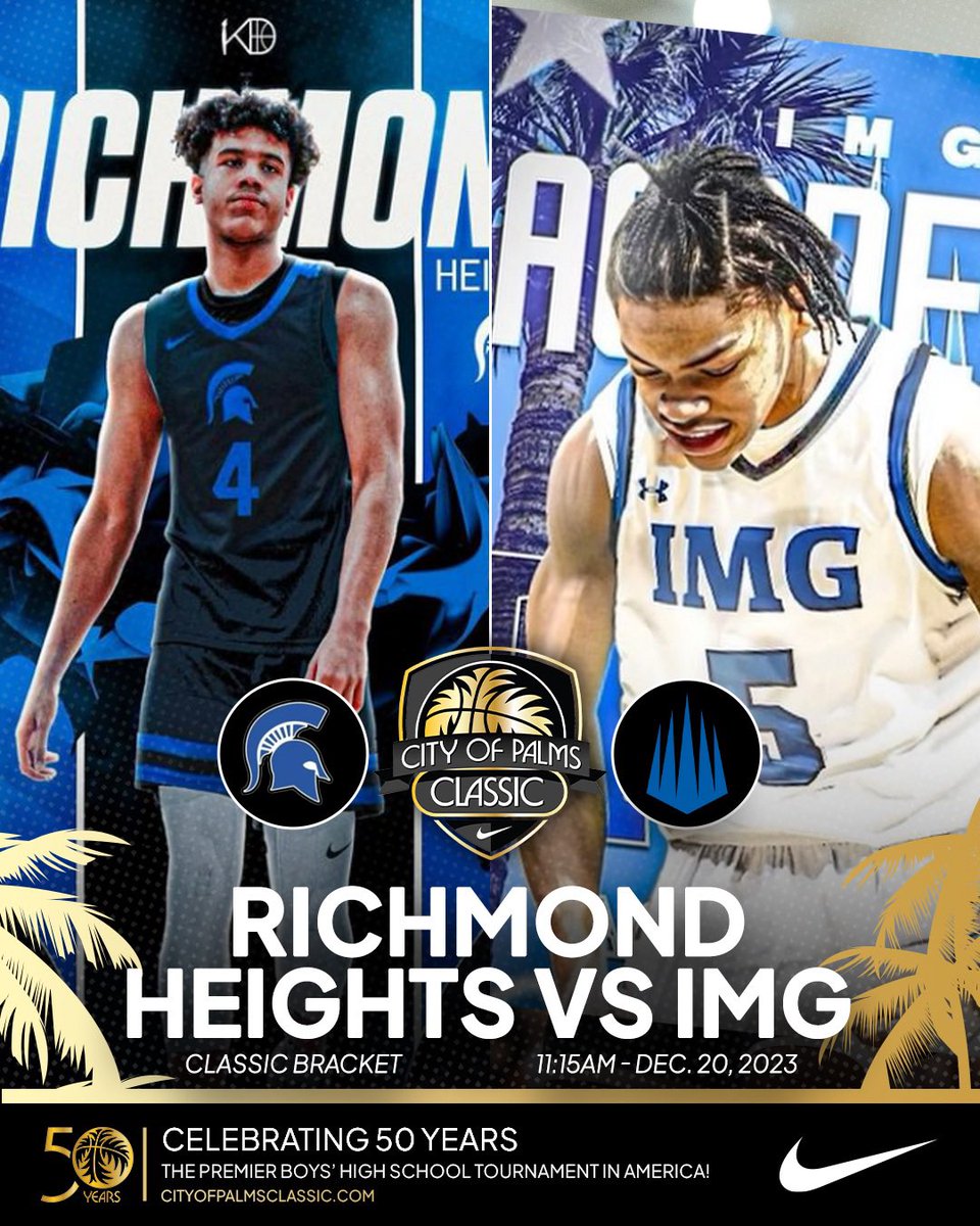 CityOfPalmsBKB's tweet photo. A couple five ⭐️’s matching up early in the Classic Bracket🌴

🍿IMG 🆚 Richmond Heights
🗓️ Dec. 20th
⏰ 11:15am
📍 Suncoast Credit Union Arena
🎟️ https://t.co/T2tKNit7U9 https://t.co/SWY49GJEvj