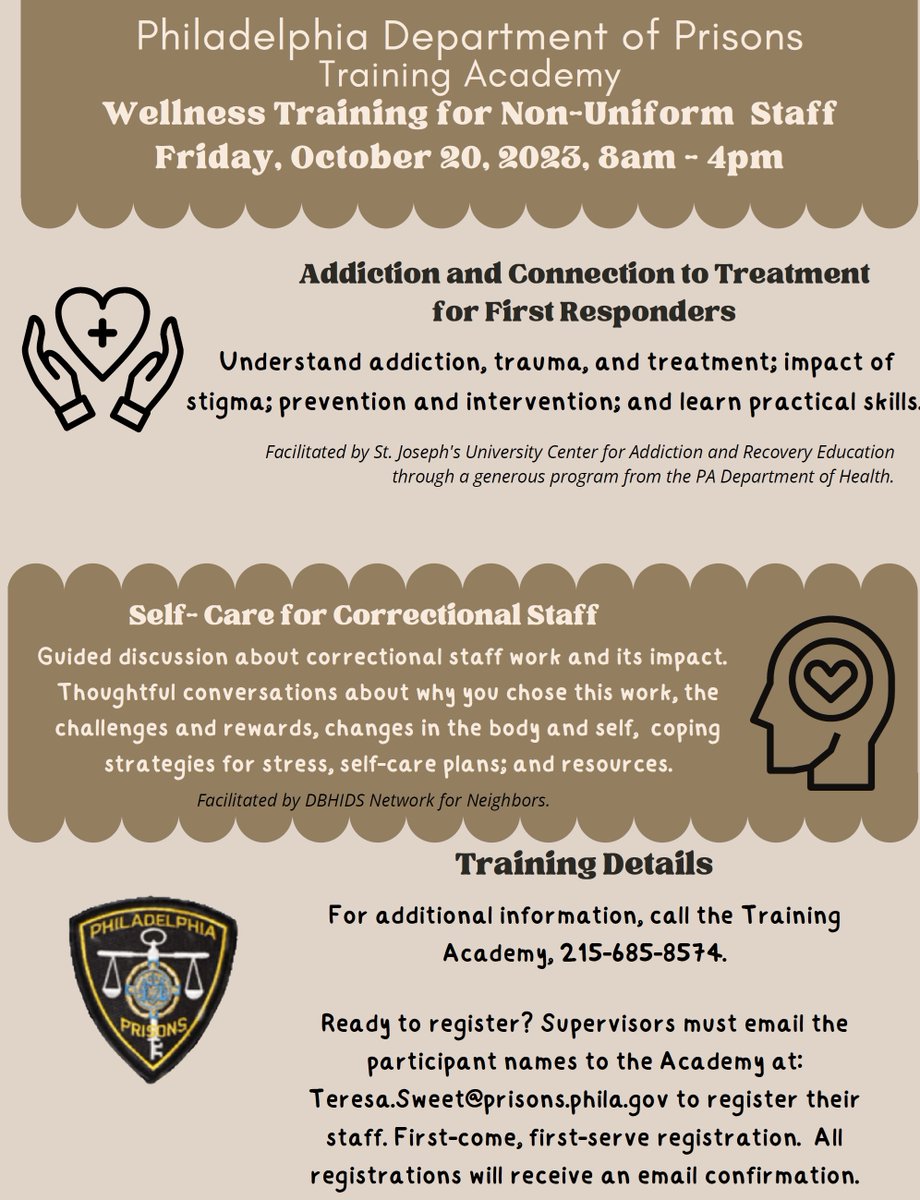 Still a few slots left for this important Wellness Training on Friday, Oct. 20, 2023. If you are interested in participating, please call the Training Academy (215)-685-8574.  Please refer to the flyer.
#selflove #selfcarematters #wellness #training #corrections