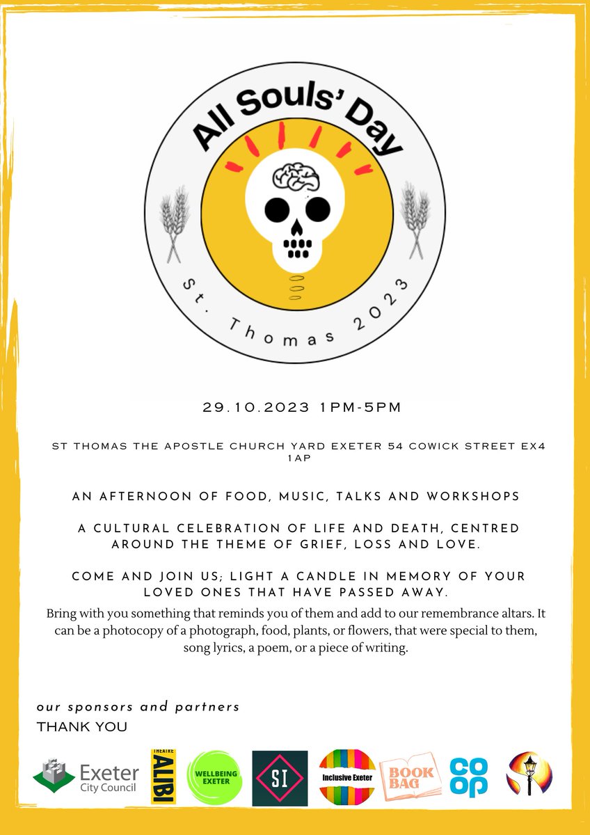 sttexeter's tweet image. Delighted to be hosting this respectful and sensitive event for All Souls, exploring traditions from different cultures. Sharing food, music, talks and workshops.
Sunday 29th October from 1-5pm.