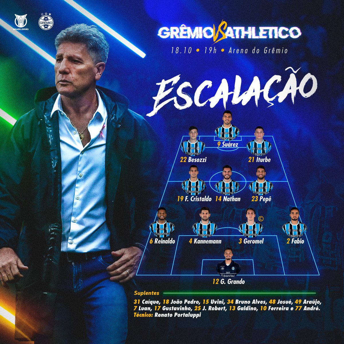 Gremio's tweet photo. 📋 ESCALAÇÃO DO IMORTAL! 
[#PraCegoVer] [#PraTodosVerem] 
12 G. Grando 
2 Fabio 
3 Geromel (capitão) 
4 Kannemann 
6 Reinaldo 
23 Pepê 
14 Nathan 
19 F. Cristaldo 
21 Iturbe 
22 Besozzi 
9 Suárez 

Reservas: 
31 Caíque, 18 João Pedro, 15 Uvini, 34 Bruno Alves, 48 Josué, 49 Araújo, 7 Luan, 17 Gustavinho, 25 J. Robert, 13 Galdino, 10 Ferreira e 77 André. Técnico: Renato Portaluppi 
🇪🇪 #GRExCAP #Brasileirão2023 #ClubeDeTodos