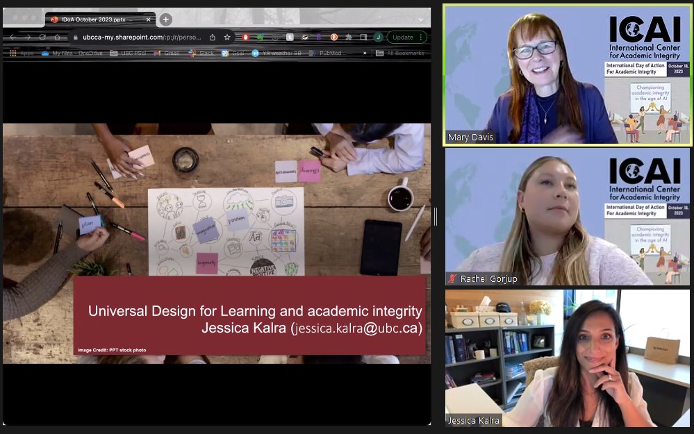 DrLancaster's tweet photo. In the home stretch with Jessica Kalra talking about the important topic of Universal Design for Learning in #academicintegrity (an area that I know @DrMaryDavis has also done a lot of work on) #IDoA2023 #excelwithintegrity #myownwork https://t.co/Ngi6asEdqt