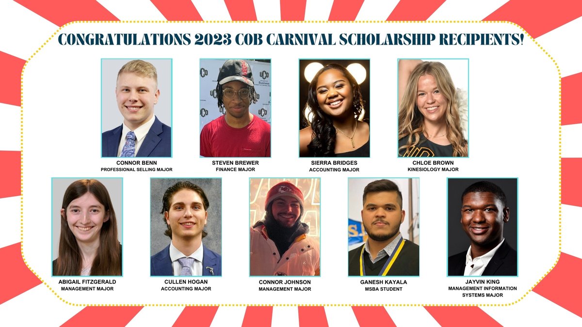 UCOBusiness's tweet photo. Congratulations to our 2023 UCO College of Business Open House Carnival scholarship recipients who were each awarded $500 from the College of Business Annual Fund! We cannot wait to see YOU at next year’s carnival! #UCObusiness #FunFocusedForward https://t.co/jUveRh55uM