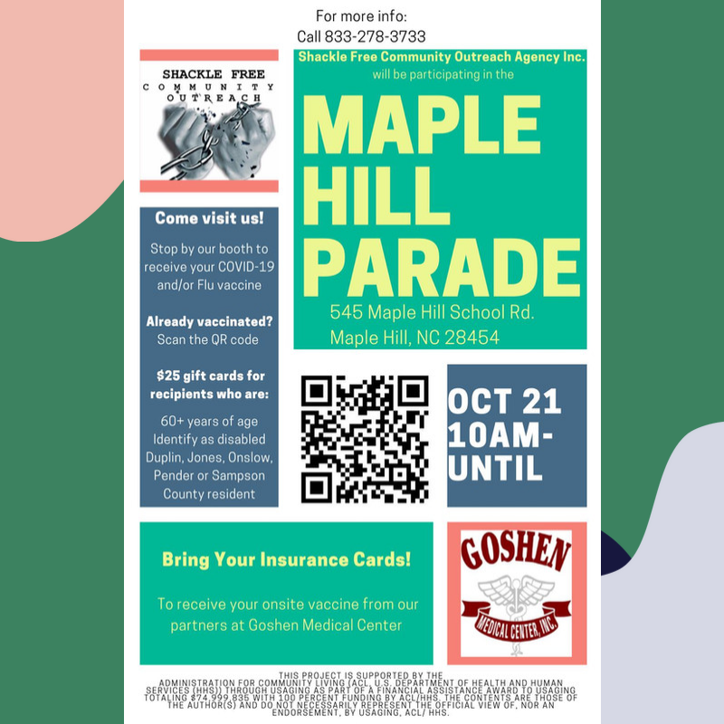 ShackleFree3's tweet image. Shackle Free will be at the 40th Annual Maple Hill Parade this Saturday. Vaccines provided by our partners at Goshen.  Bring your insurance cards!

Visit the link below to see other upcoming events 
wix.to/6Nz2yq0
#shacklefree #pendercounty #Covid19 #flu #maplehill