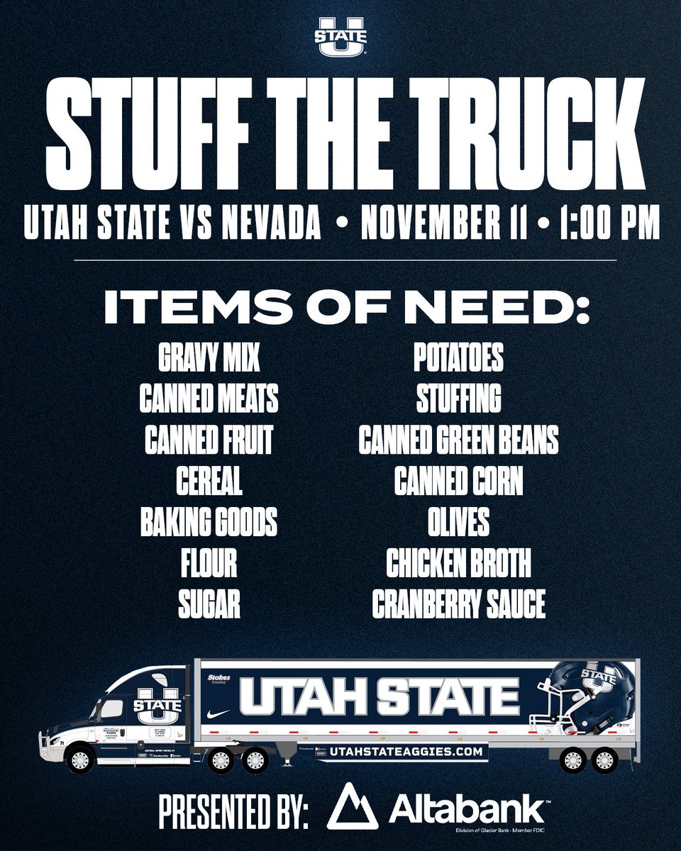 Utah State Athletics (@usuathletics) on Twitter photo Aggie Nation, we are asking for your help to Stuff The Truck, November 11. All donations made will benefit the Cache Valley Food Bank and CAPSA.
Fans can visit Cache Valley <a href="/AltabankUSA/">AltabankUSA</a> locations to donate early and receive an exclusive ticket offer for the Nevada game! Aggie Nation, we are asking for your help to Stuff The Truck, November 11. All donations made will benefit the Cache Valley Food Bank and CAPSA.
Fans can visit Cache Valley <a href="/AltabankUSA/">AltabankUSA</a> locations to donate early and receive an exclusive ticket offer for the Nevada game!