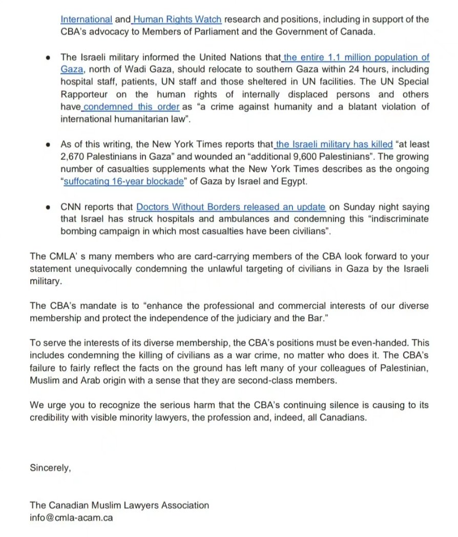 CMLA ACAM (@cmlaacam) on Twitter photo The CMLA respectfully calls on the Canadian Bar Association (<a href="/CBA_News/">Canadian Bar Assoc.</a>) to end its silence on the Israeli military’s unlawful targeting of civilians in Gaza. The CMLA respectfully calls on the Canadian Bar Association (<a href="/CBA_News/">Canadian Bar Assoc.</a>) to end its silence on the Israeli military’s unlawful targeting of civilians in Gaza.