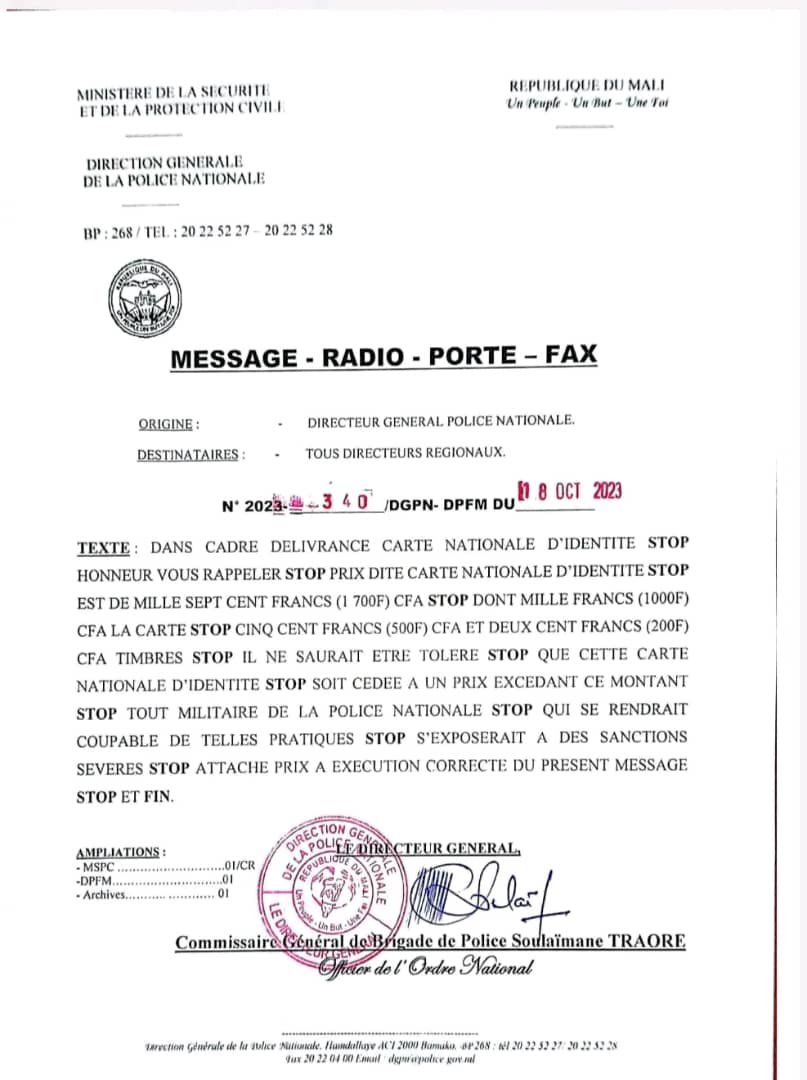 SahelLeaks's tweet photo. #Mali : Le DG de la Police Nationale, dans un message adressé à tous les directeurs régionaux ce mercredi, met en garde tous les commissariats qui délivreraient la Carte d’identité nationale à un prix excédant 1700 FCFA. 1/2 https://t.co/cIehcjLWIE