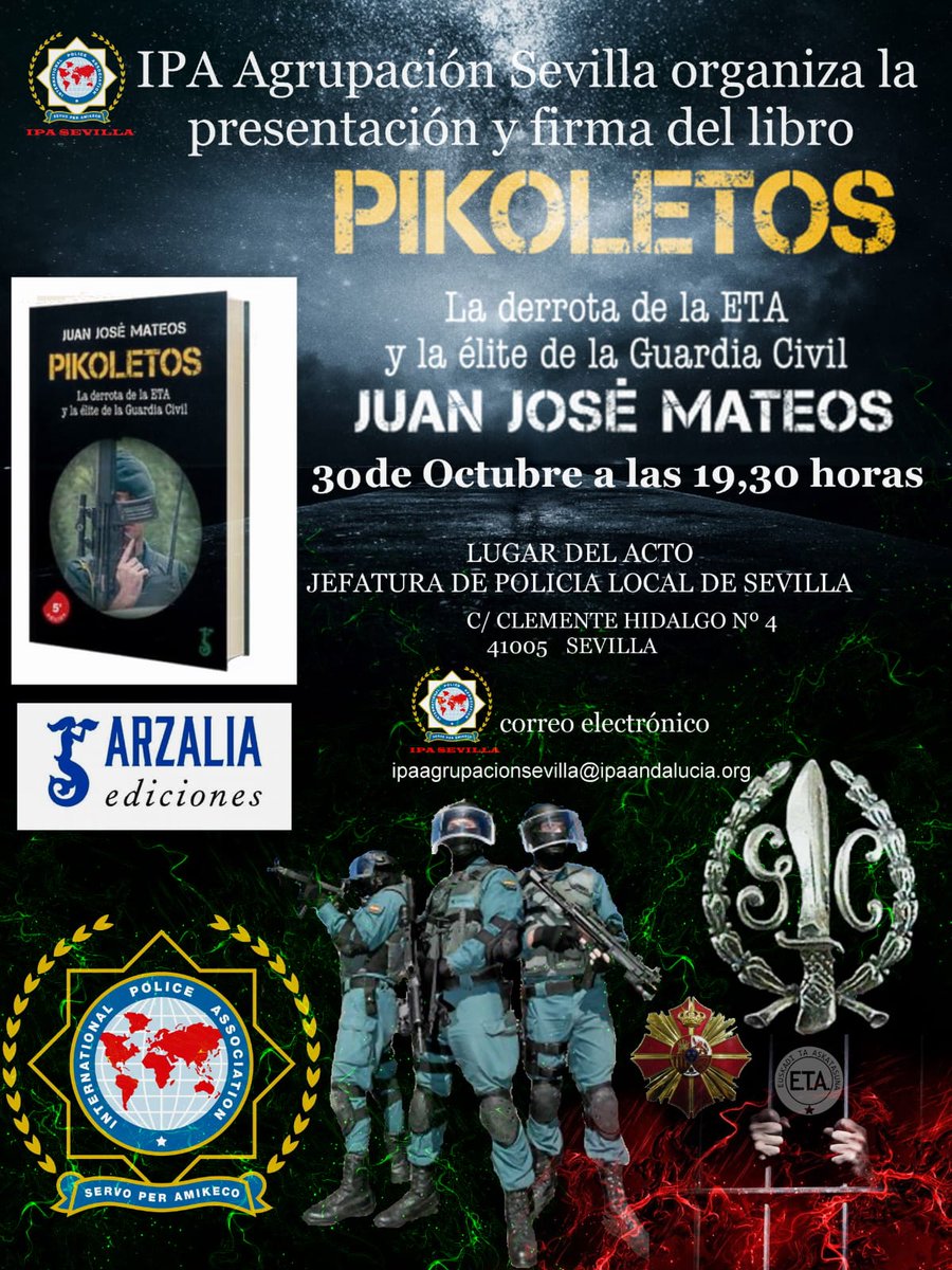 IpaSevilla's tweet photo. PRESENTACIÓN LIBRO "PIKOLETOS". ENTRADA GRATUITA
Os invitamos a participar en la presentación del libro PIKOLETOS, obra del compañero de GC Juan José Mateos. 
Lugar Salón de Actos de la Jefatura de Policía Local de Sevilla  el día 30 de octubre a las 19.30h.
Os animamos a asistir https://t.co/rQk4pYULTs
