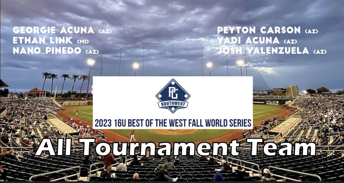 Congratulations to Georgie Acuna (AZ), Peyton Carson (AZ), Yadi Acuna (AZ), Ethan Link (MI), Nano Pinedo (AZ) and Josh Valenzuela (AZ) for making the All Tournament Team at last weeks 16U Best of the West Fall World Series in AZ.