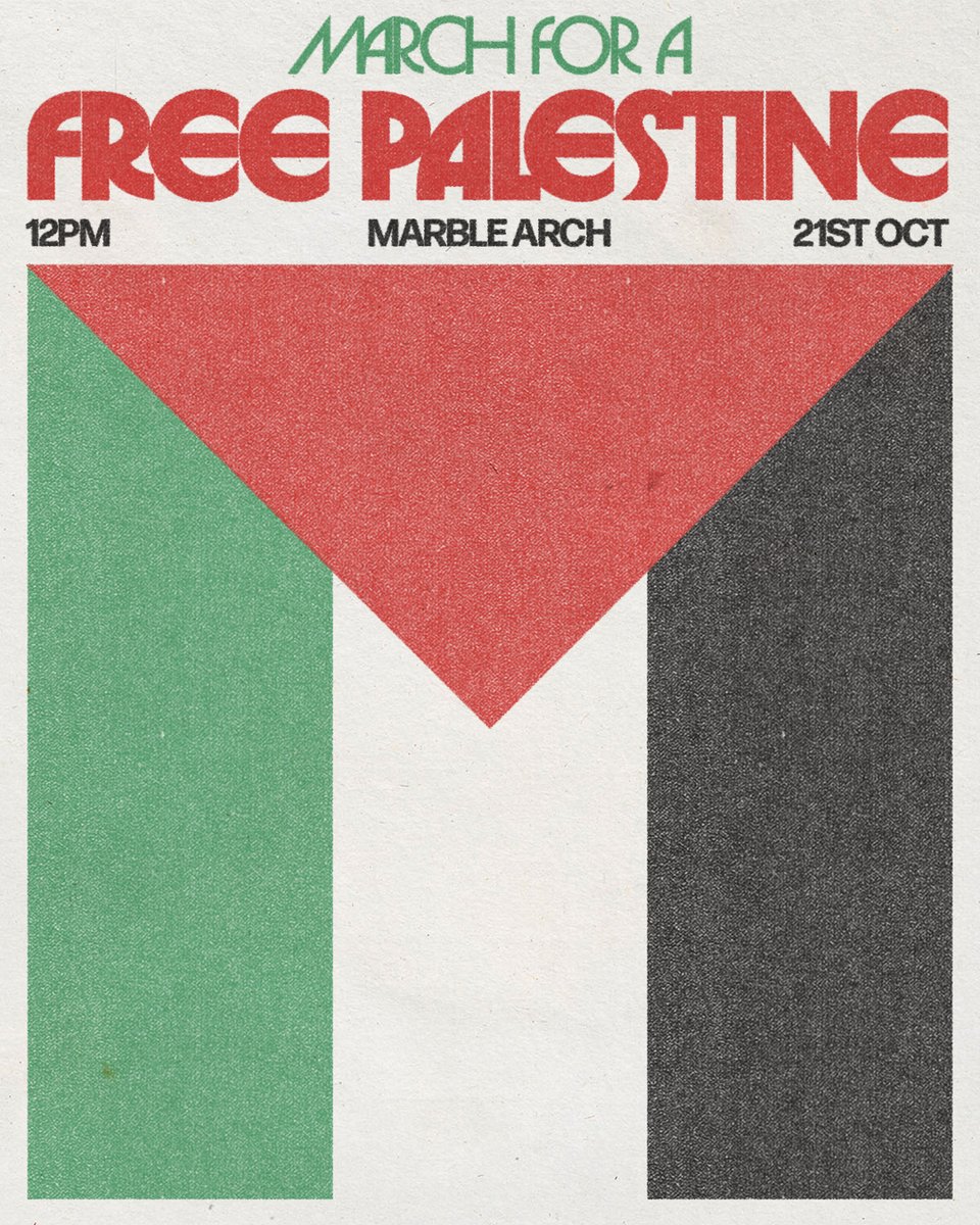 Felt like I should do something useful other than doomscroll so I've made another Palestinian solidarity poster, this time for this Saturday's <a href="/PSCupdates/">Palestine Solidarity Campaign</a> &amp; <a href="/STWuk/">Stop the War</a> march. Please feel free to share it if you like and an a4 copy can be downloaded here: dropbox.com/scl/fi/5uyzgrs…