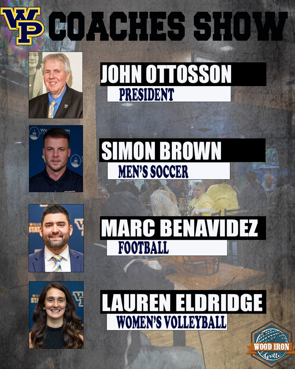 WPU Athletics (@wpuathletics) on Twitter photo Join us for a big time coach’s show this Thursday night at 7:00 PM at Wood Iron Grille. Guests include: William Penn University President John Ottosson, <a href="/WPU_MSOC/">WPU Men's Soccer</a> coach Simon Brown, <a href="/WPU_Football/">𝙒𝙞𝙡𝙡𝙞𝙖𝙢 𝙋𝙚𝙣𝙣 𝙁𝙤𝙤𝙩𝙗𝙖𝙡𝙡</a> coach Marc Benavidez and <a href="/WPU_Volleyball/">William Penn Women’s Volleyball</a> coach Lauren Eldridge. Join us for a big time coach’s show this Thursday night at 7:00 PM at Wood Iron Grille. Guests include: William Penn University President John Ottosson, <a href="/WPU_MSOC/">WPU Men's Soccer</a> coach Simon Brown, <a href="/WPU_Football/">𝙒𝙞𝙡𝙡𝙞𝙖𝙢 𝙋𝙚𝙣𝙣 𝙁𝙤𝙤𝙩𝙗𝙖𝙡𝙡</a> coach Marc Benavidez and <a href="/WPU_Volleyball/">William Penn Women’s Volleyball</a> coach Lauren Eldridge.