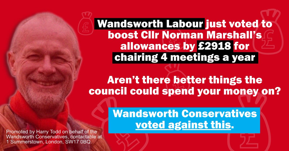 Wandsworth Labour just voted to boost Cllr <a href="/Norman_M/">Norman Marshall</a>|arshall’s allowances by £2918 for chairing 4 meetings a year.

Aren’t there better things the council could spend your money on?

❌ Wandsworth <a href="/Conservatives/">Conservatives</a> voted against this
