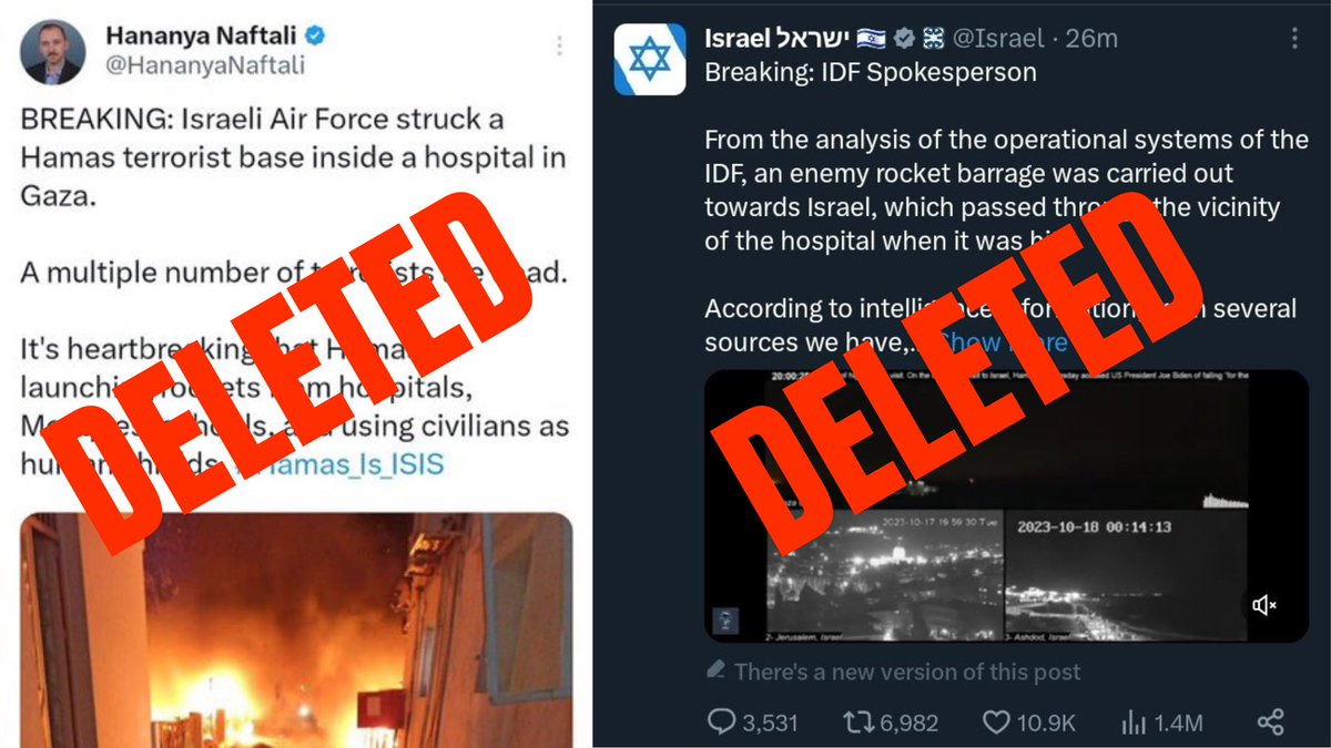 🇮🇱 Never forget that Israel told you who bombed the Gaza hospital, then DELETED their post. 🇮🇱 Israel then told you they had video evidence proving they did not bomb the hospital, then again DELETED their post. You are terrible liars @Israel @HananyaNaftali!