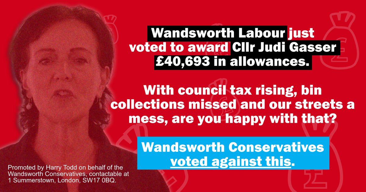 #Wandsworth <a href="/UKLabour/">The Labour Party</a> just voted to award Cllr <a href="/JudiG/">Judi Gasser</a>|asser £40,694 in allowances. 

With council tax rising, bin collections missed and out streets a mess, are you happy with that. 

❌ Wandsworth <a href="/Conservatives/">Conservatives</a> voted against this