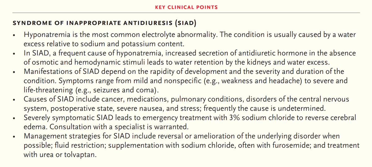 NEJM's tweet photo. Hyponatremia is the most common electrolyte abnormality and affects approximately 5% of adults overall and 35% of hospitalized patients. Learn more on the diagnosis and management of hyponatremia, including hyponatremia due to syndrome of SIAD: https://t.co/iJ6geoTa2V https://t.co/q0PWSeKH5l
