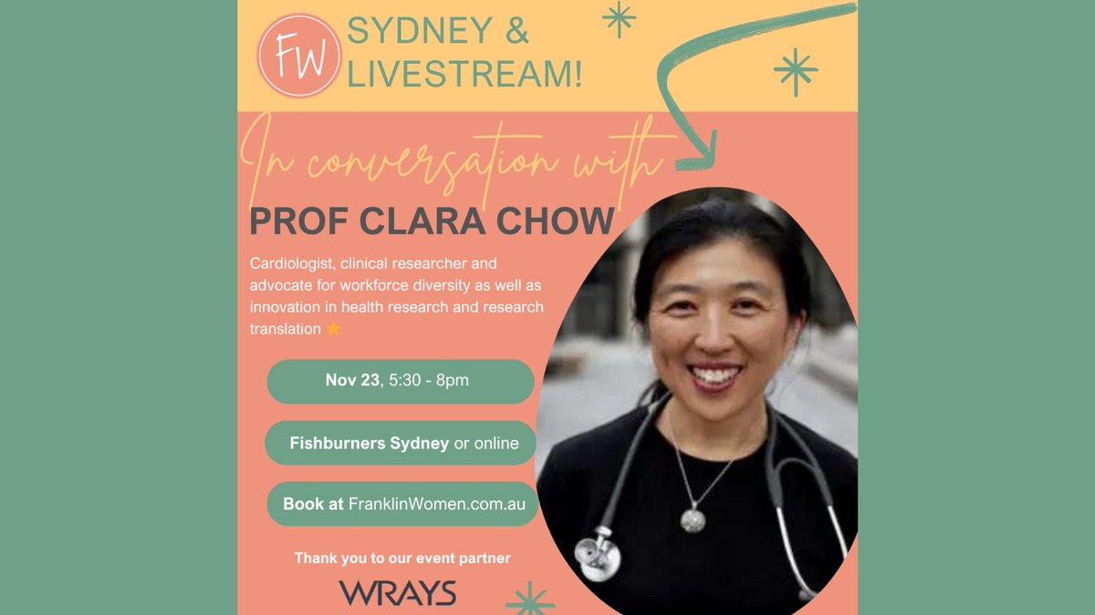 Our last Sydney event for 2023 is live - an #FWInConversation with @clara_chow, @WARC_USYD. Cardiologist, academic & all around amazing woman! Nov 23 5:30-8pm, Sydney OR livestream. Can't wait to end the year with the FW community 🤩 Register 👇 franklinwomen.com.au/in-conversatio…