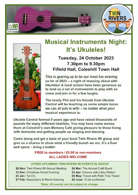 TwinRiversWI's tweet photo. Come along to this month’s meeting next Tuesday (24th) where we will be learning how to play the ukulele and being entertained by a local ukulele group. Members are welcome to bring a friend for free; guests £5.00. Should be a good night- bring a bottle! 😀 https://t.co/ItBiRtqsVG